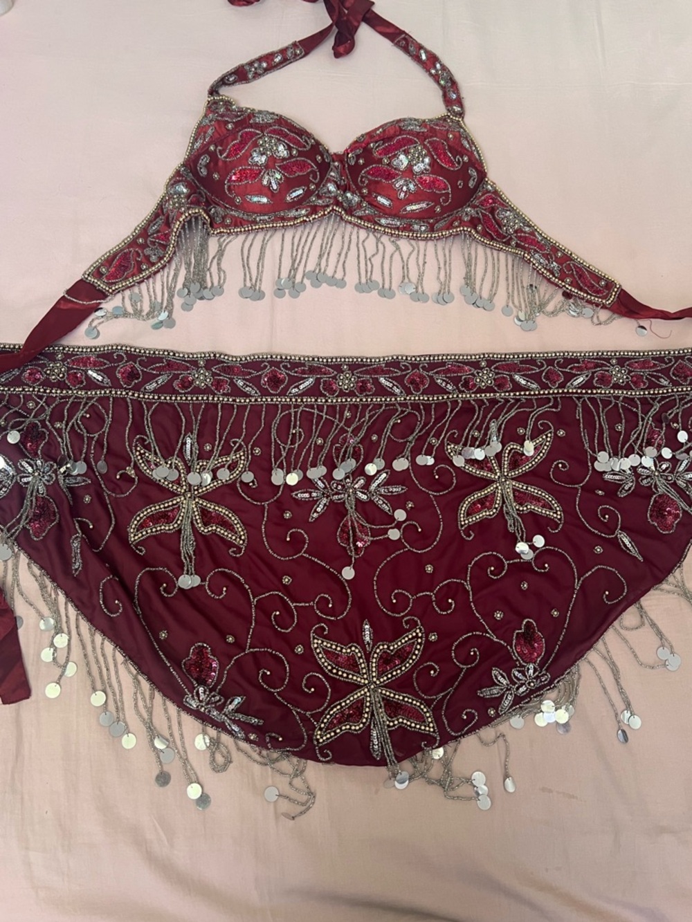 Burgundy Butterfly Sequin Fringe Bralette and Skirt Set